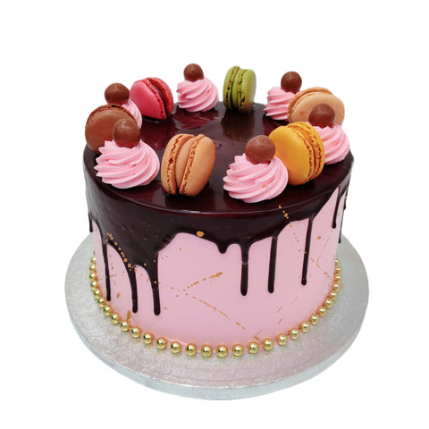 Pink and chocolate drip macron cake